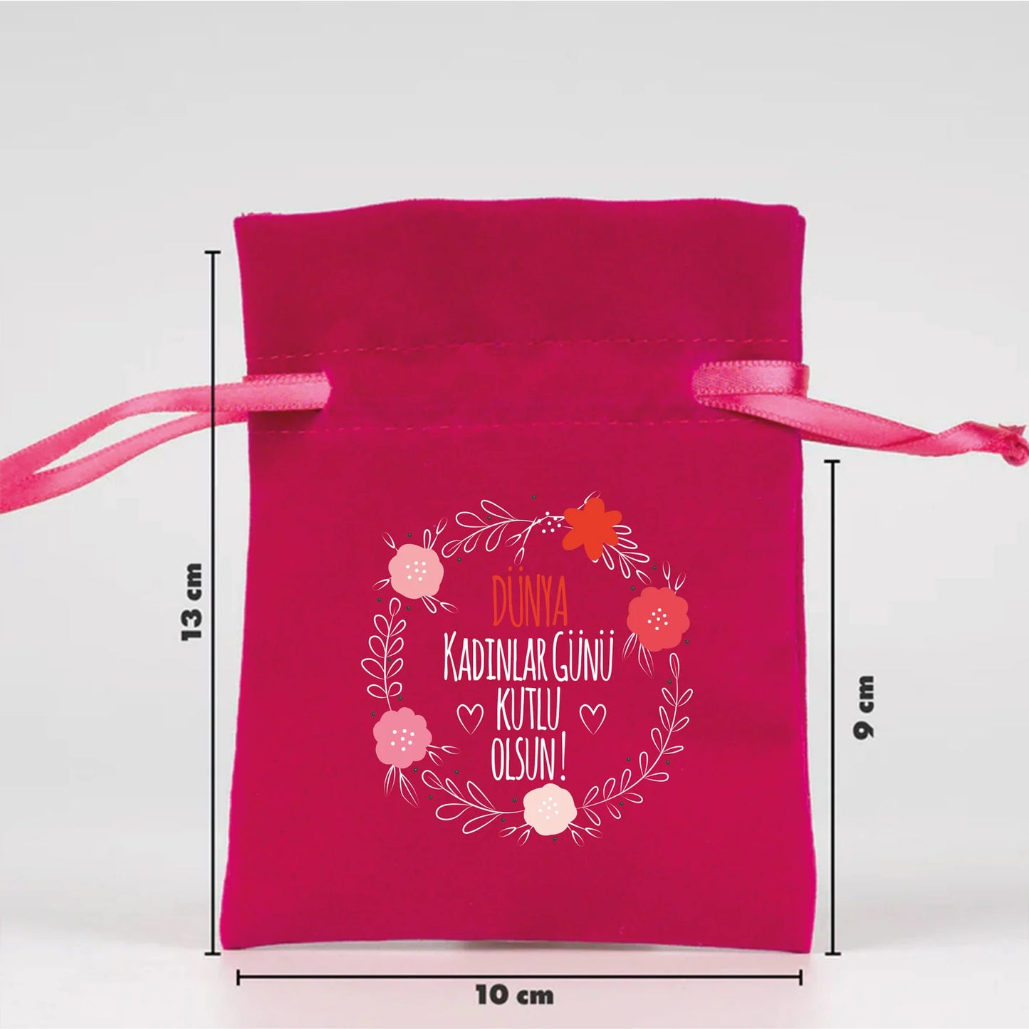 10x13 cm Fuşya Kadife Gül Kese -  Kadınlar Günü Hediyesi