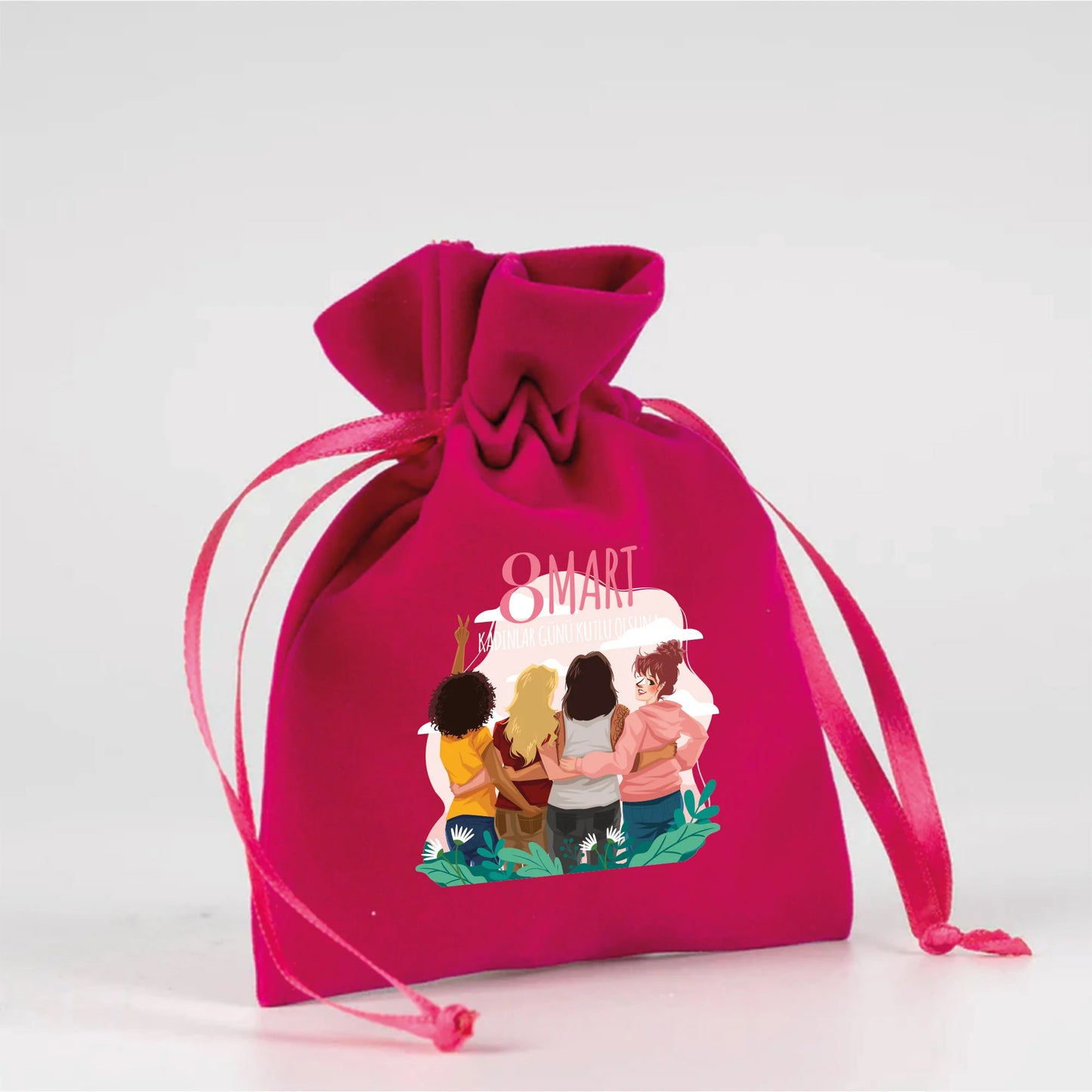 10x13 cm Fuşya Kadife Gül Kese -  Kadınlar Günü Hediyesi