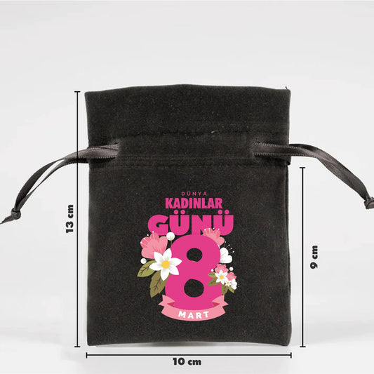 10x13 cm Antrasit Kadife Gül Kese - Kadınlar Günü Hediyesi