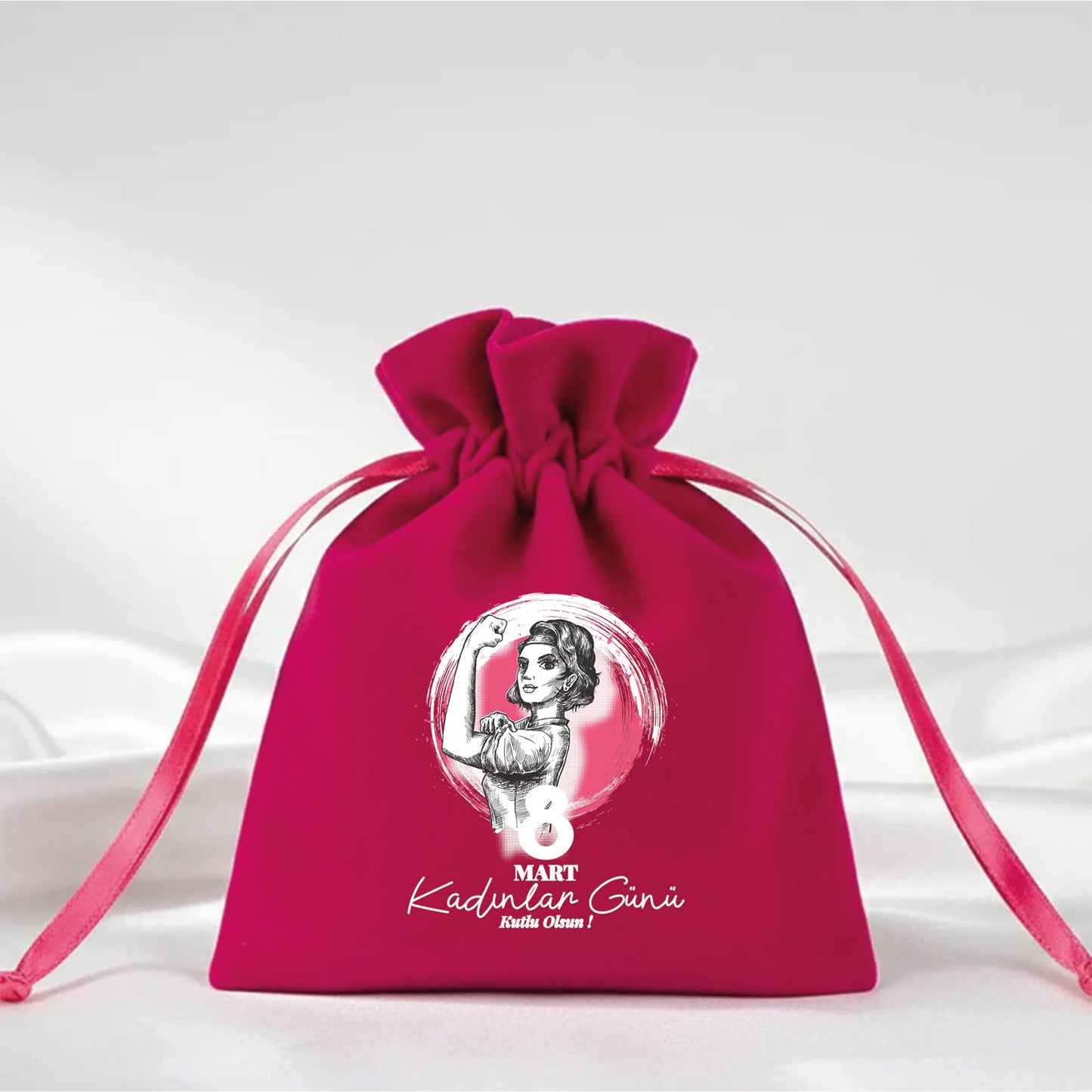 10x13 cm Fuşya Kadife Gül Kese -  Kadınlar Günü Hediyesi