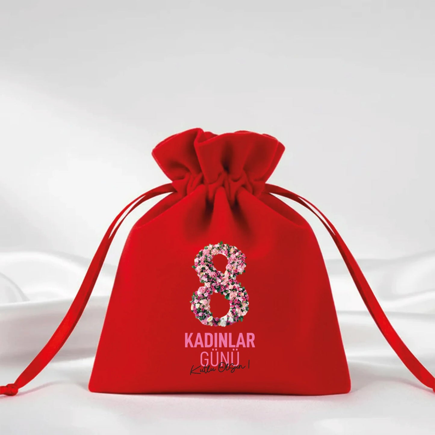 10x13 cm Kırmızı Kadife Gül Kese - Kadınlar Günü Hediyesi