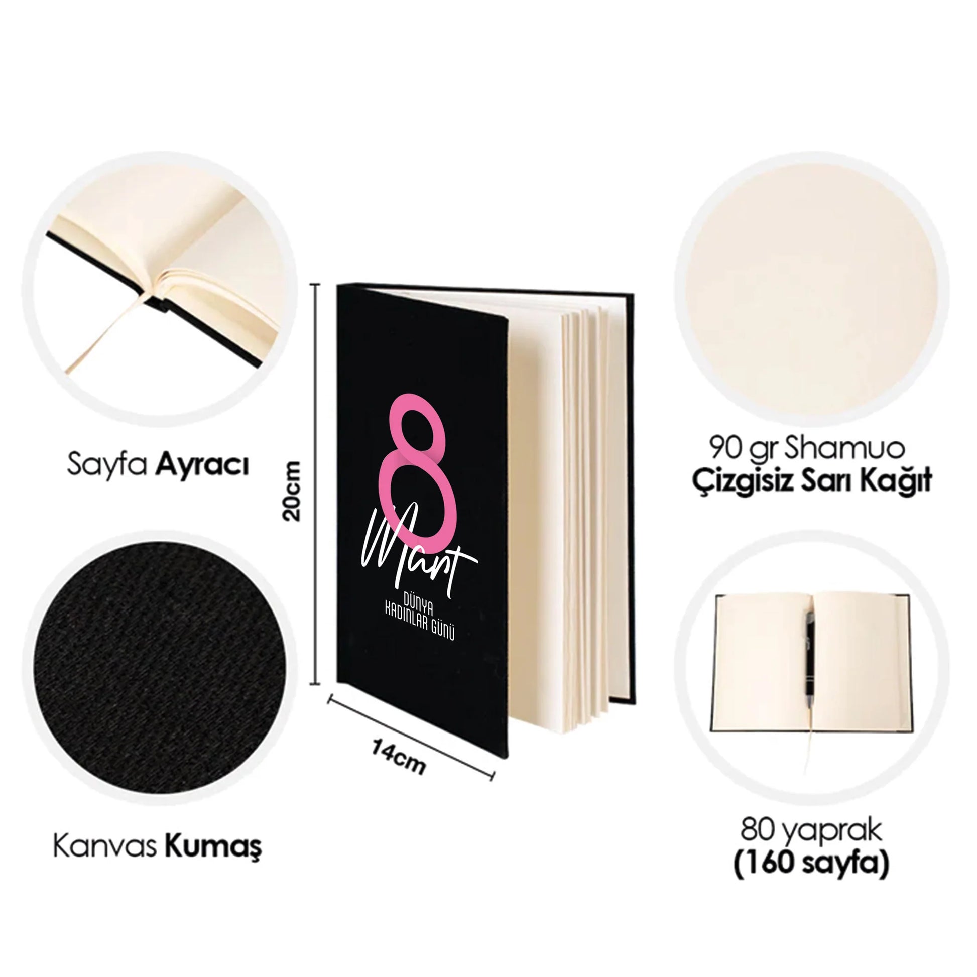 14x20 cm Siyah Kanvas Defter - Kadınlar Günü Hediyesi - detay görünüm