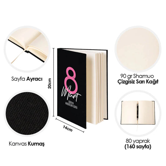 14x20 cm Siyah Kanvas Defter - Kadınlar Günü Hediyesi - detay görünüm