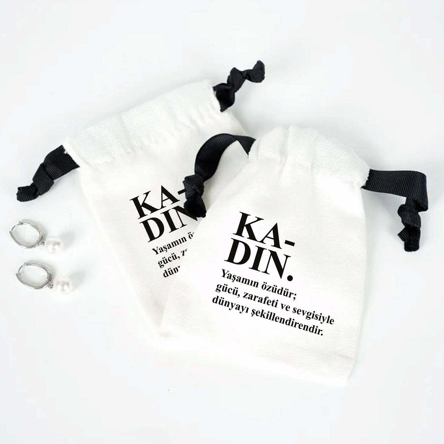 10x13 cm Beyaz Panama Siyah İpli Bez Kese - Kadınlar Günü Hediyesi