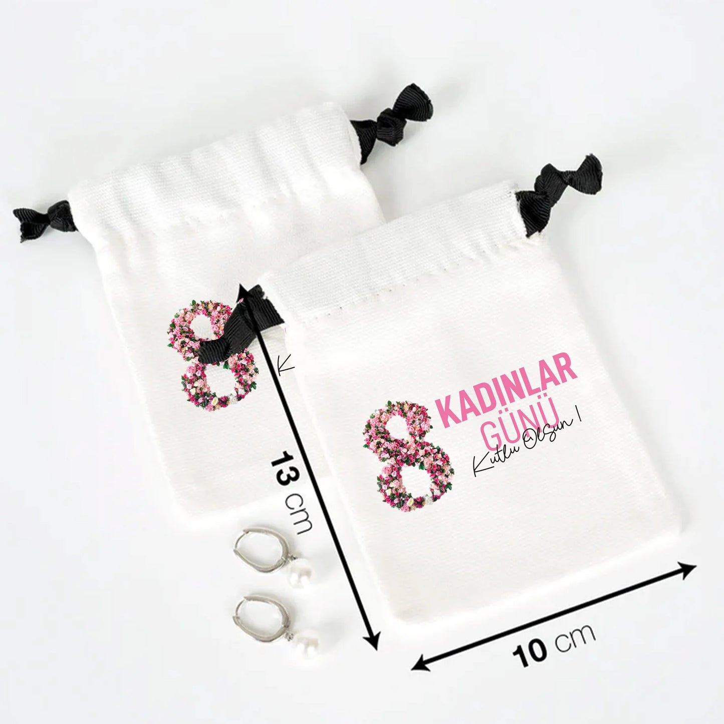 10x13 cm Beyaz Panama Siyah İpli Bez Kese - Kadınlar Günü Hediyesi