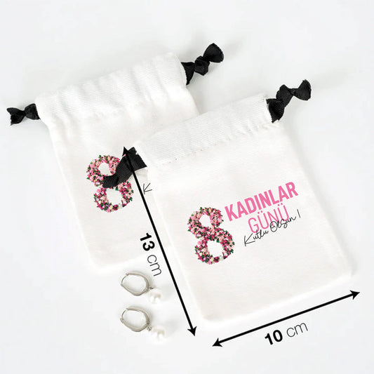 10x13 cm Beyaz Panama Siyah İpli Bez Kese - Kadınlar Günü Hediyesi