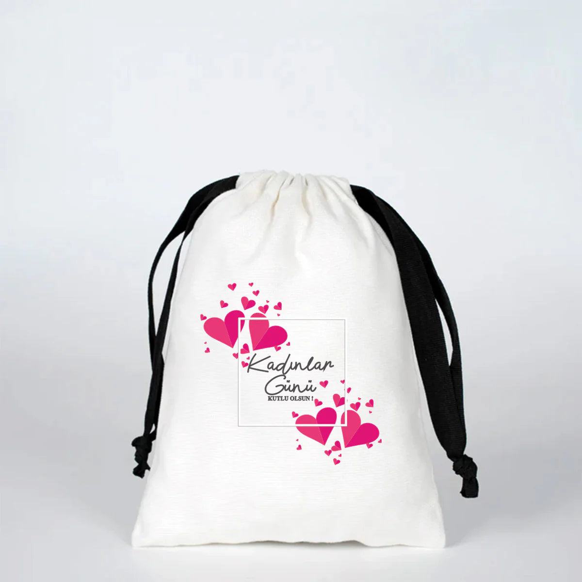 15x20 cm Beyaz Panama Siyah İpli Bez Kese - Kadınlar Günü Hediyesi