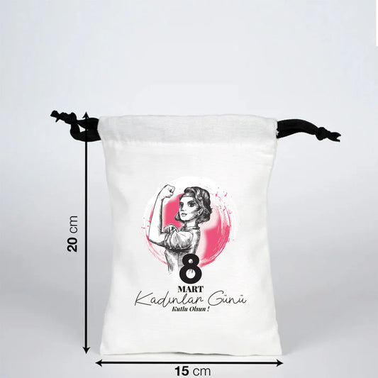 15x20 cm Beyaz Panama Siyah İpli Bez Kese - Kadınlar Günü Hediyesi