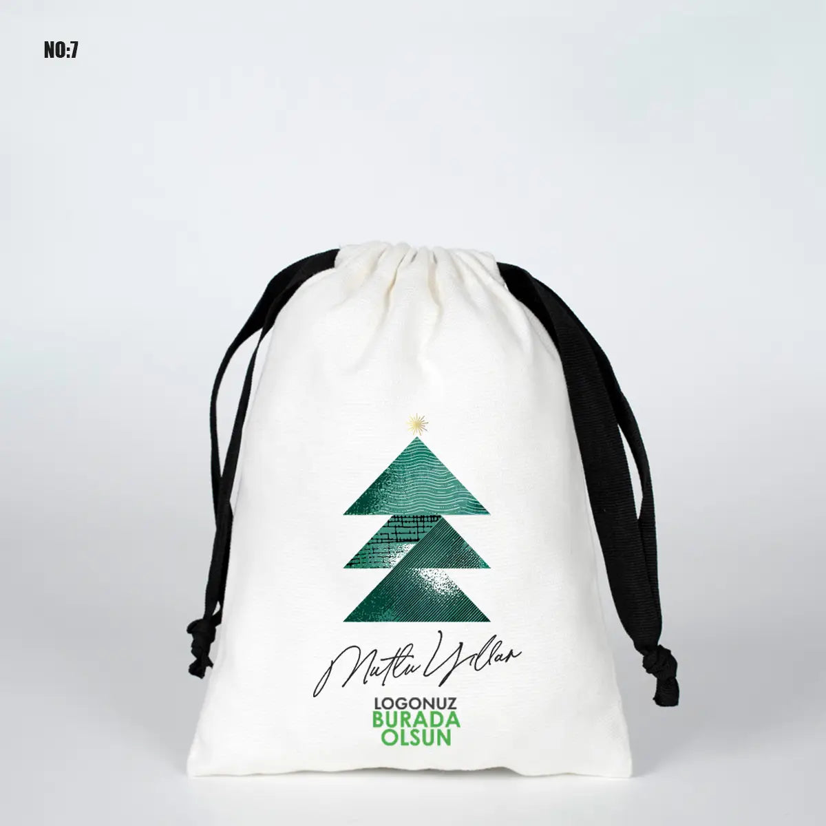 Yılbaşına Özel Siyah İpli Bez Kese - Beyaz Panama Kumaş