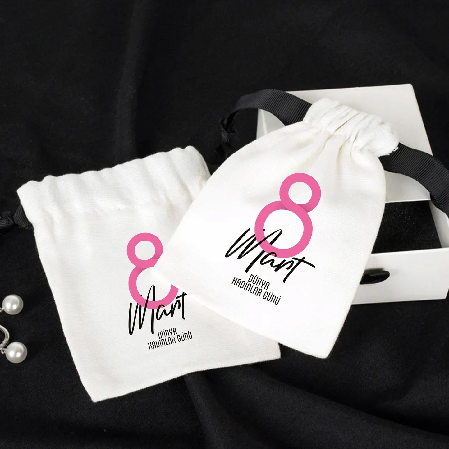 10x13 cm Beyaz Panama Siyah İpli Bez Kese - Kadınlar Günü Hediyesi