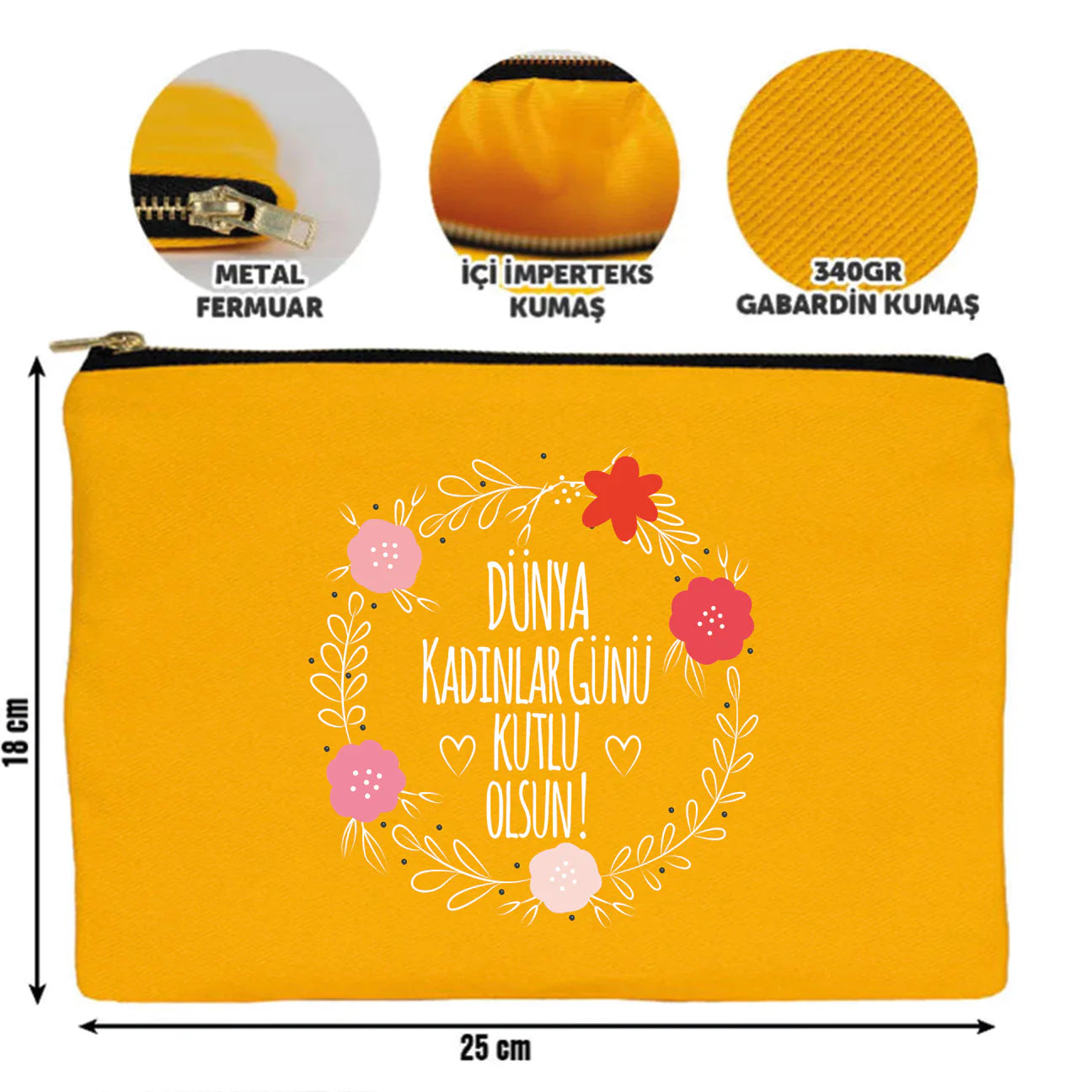 25x18 cm Sarı Metal Fermuarlı Kalemlik - Kadınlar Günü Hediyesi - detay görünüm