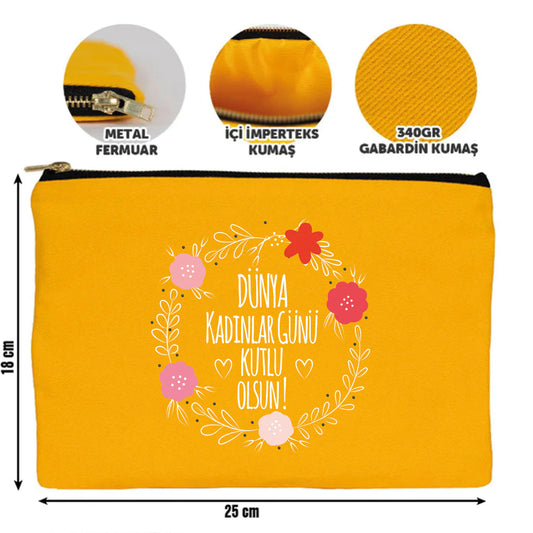 25x18 cm Sarı Metal Fermuarlı Kalemlik - Kadınlar Günü Hediyesi - detay görünüm