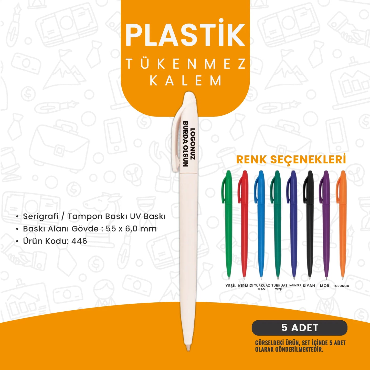 Logolu plastik tükenmez kalem – serigrafi veya UV baskılı, farklı renk seçenekli promosyon kalem.