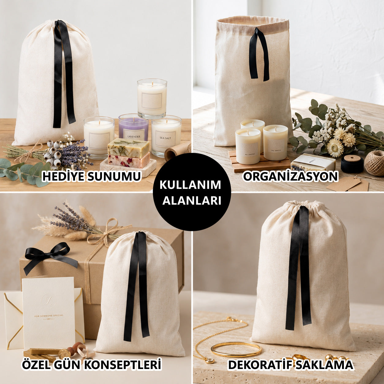Bez Kese Siyah Kurdelalı - 20x30 cm (Özelleştirilebilir)