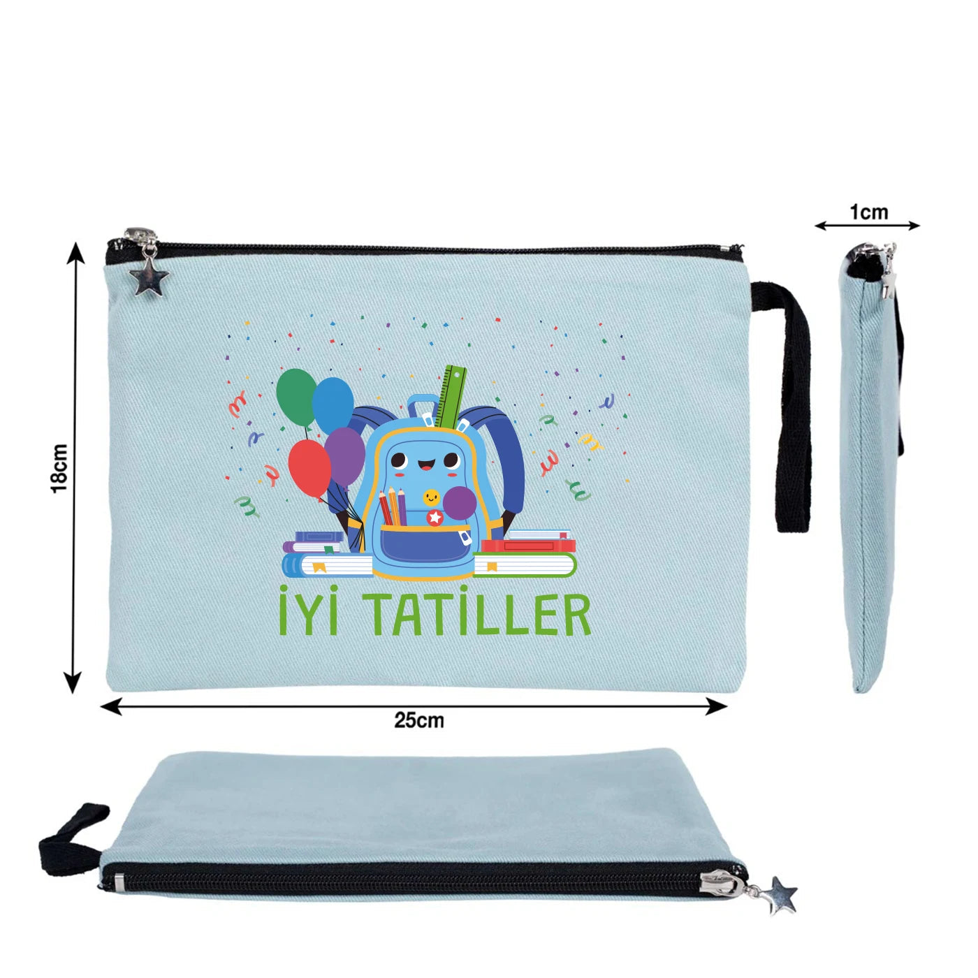 Açık mavi karne günü temalı kanvas clutch çanta, okul figürlü ve özelleştirilebilir karne hediyesi tasarımı