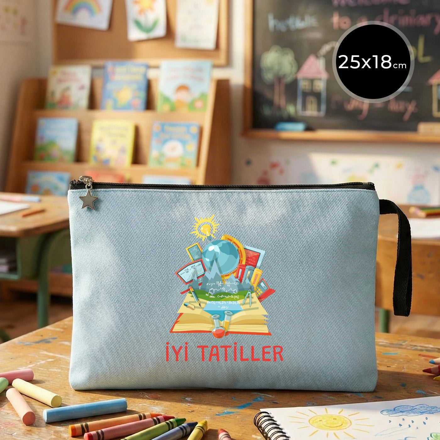 Açık mavi karne günü temalı kanvas clutch çanta, okul figürlü ve özelleştirilebilir karne hediyesi tasarımı