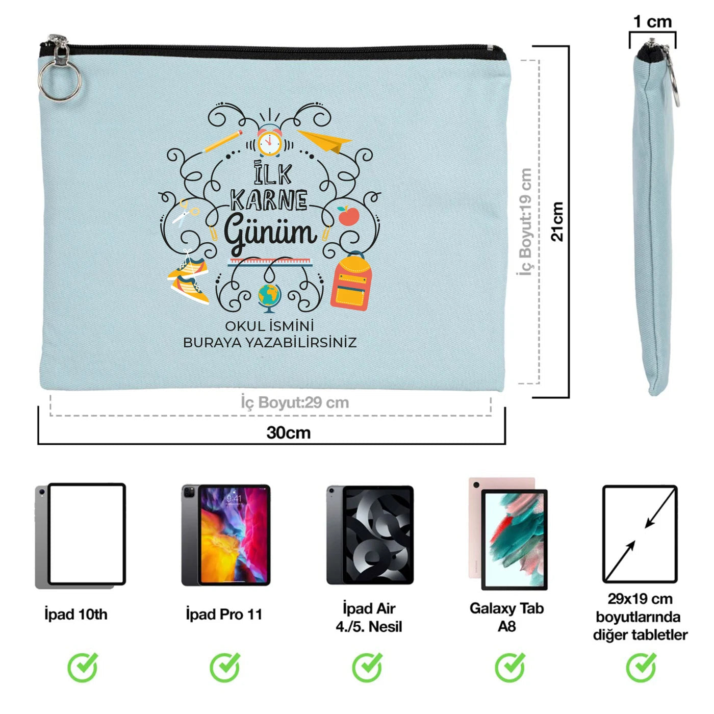 Açık mavi karne günü temalı portföy çanta 30×21 cm, okul figürlü ve özelleştirilebilir karne hediyesi tasarımı