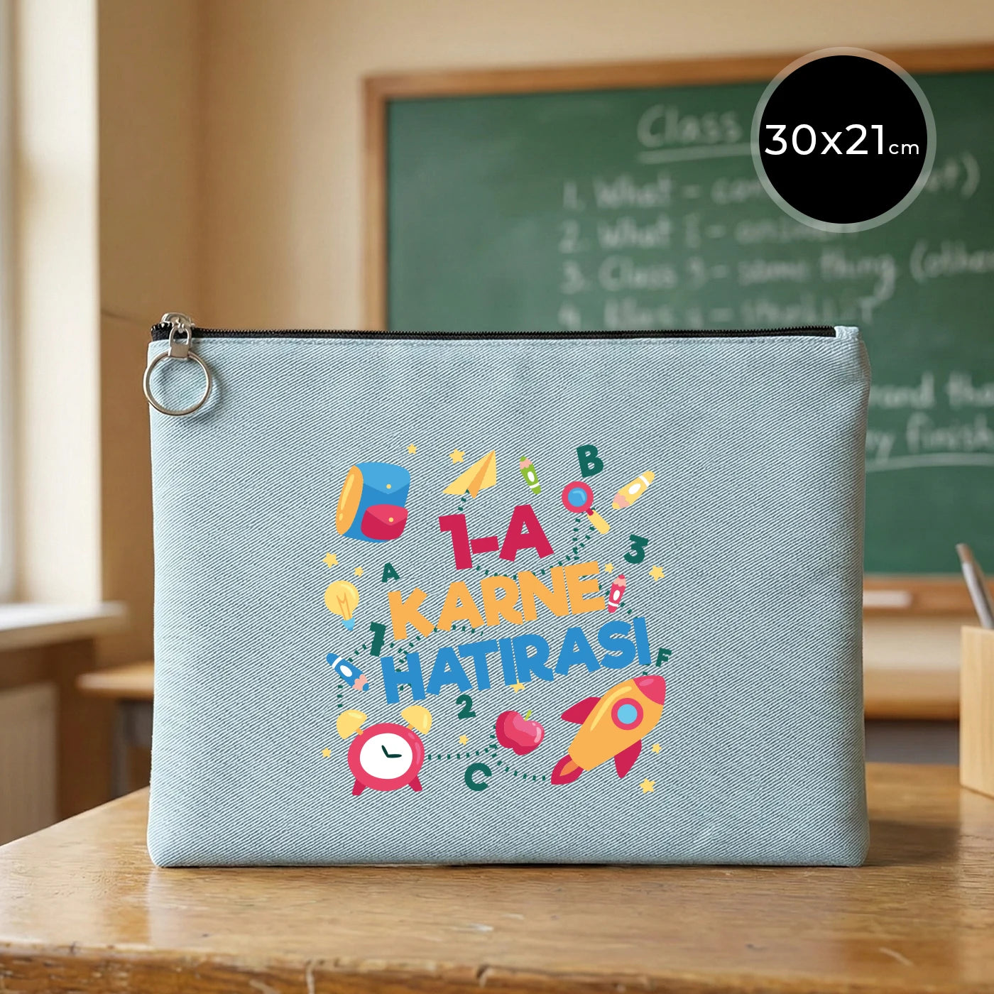 Açık mavi karne günü temalı portföy çanta 30×21 cm, okul figürlü ve özelleştirilebilir karne hediyesi tasarımı