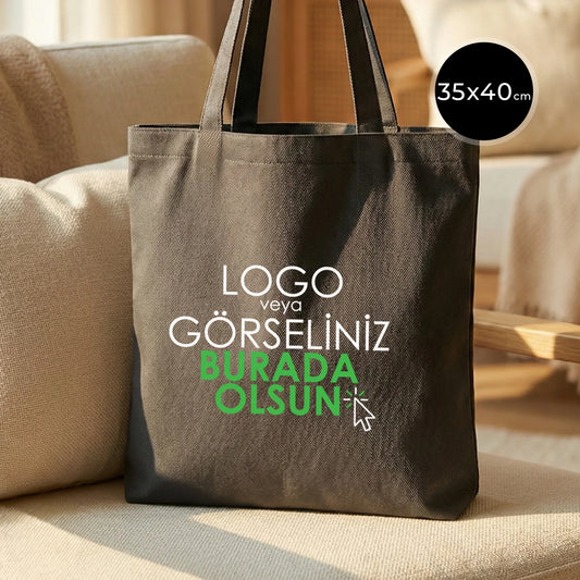 35×40 cm antrasit pamuk tote çanta – dayanıklı ham bez, basklı omuz çantası.