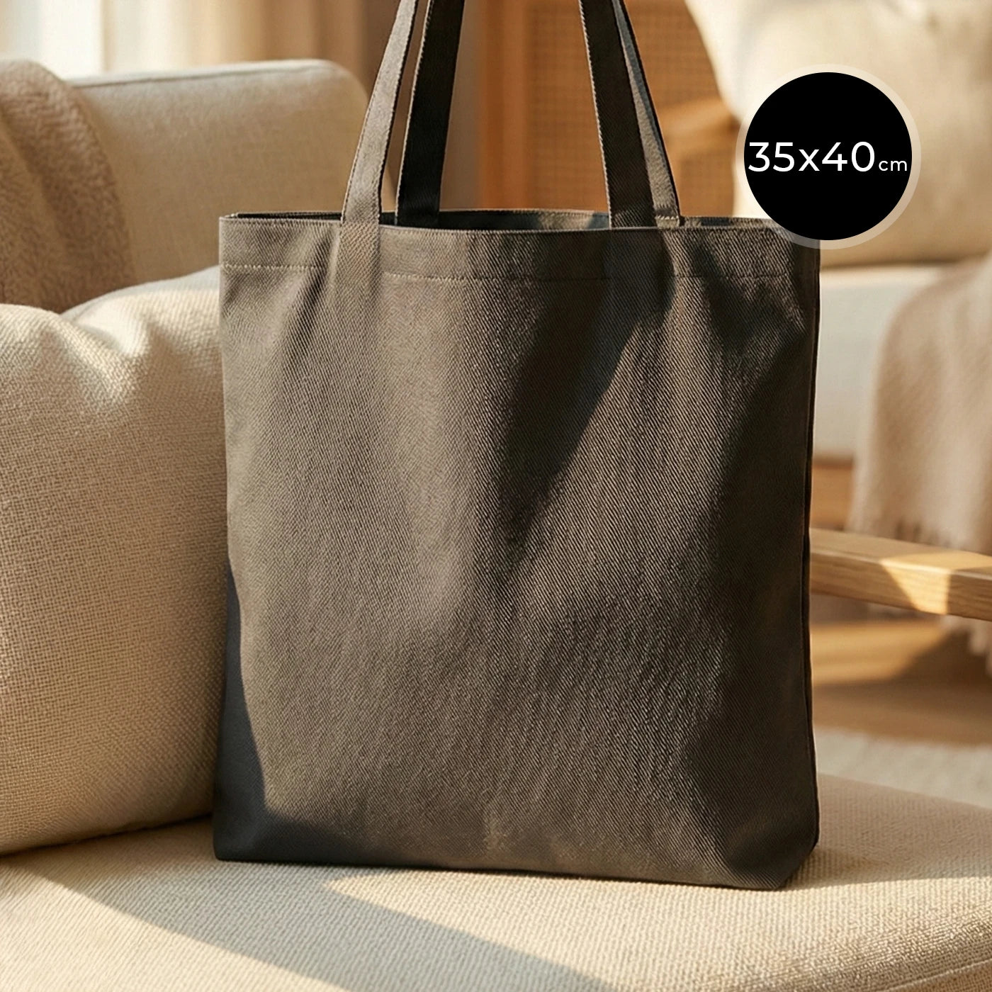 35×40 cm antrasit pamuk tote çanta – dayanıklı ham bez, baskısız toptan omuz çantası.