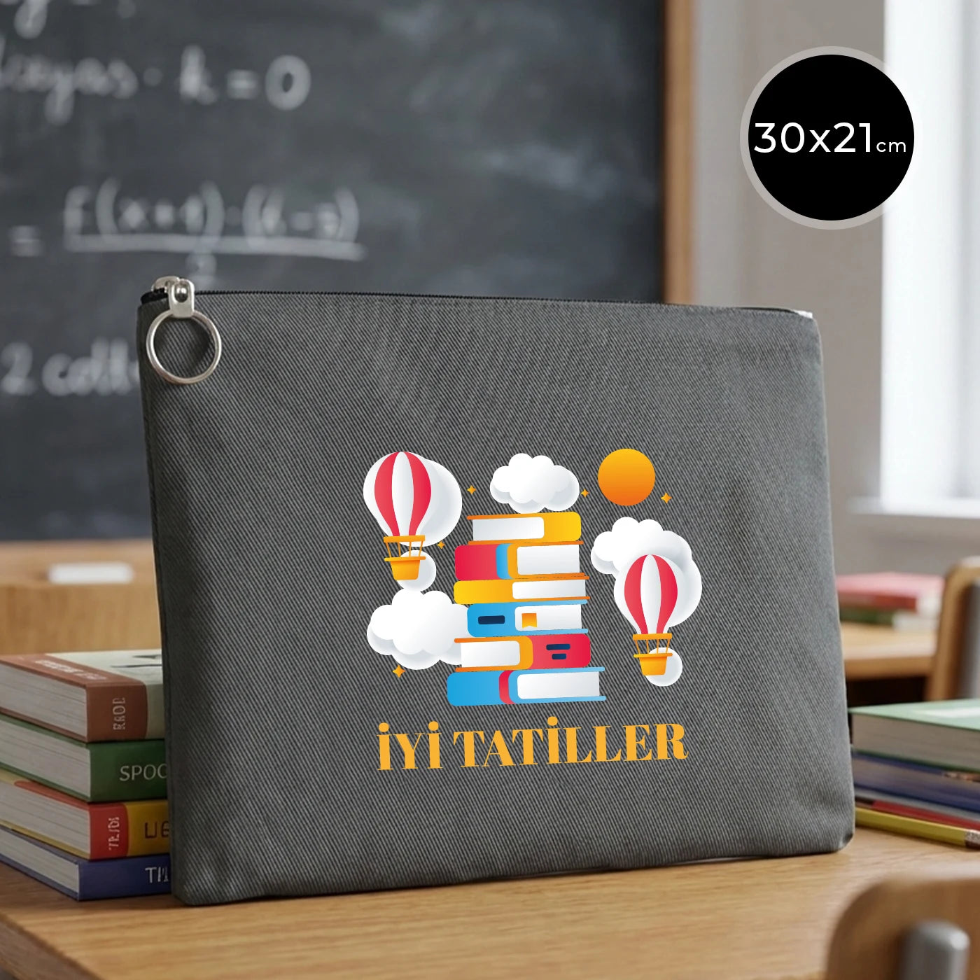 Antrasit karne günü temalı portföy çanta, okul figürlü ve özelleştirilebilir karne hediyesi tasarımı