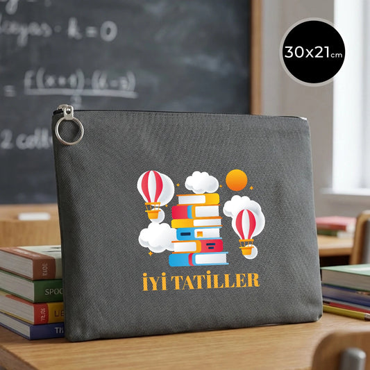 Antrasit karne günü temalı portföy çanta, okul figürlü ve özelleştirilebilir karne hediyesi tasarımı