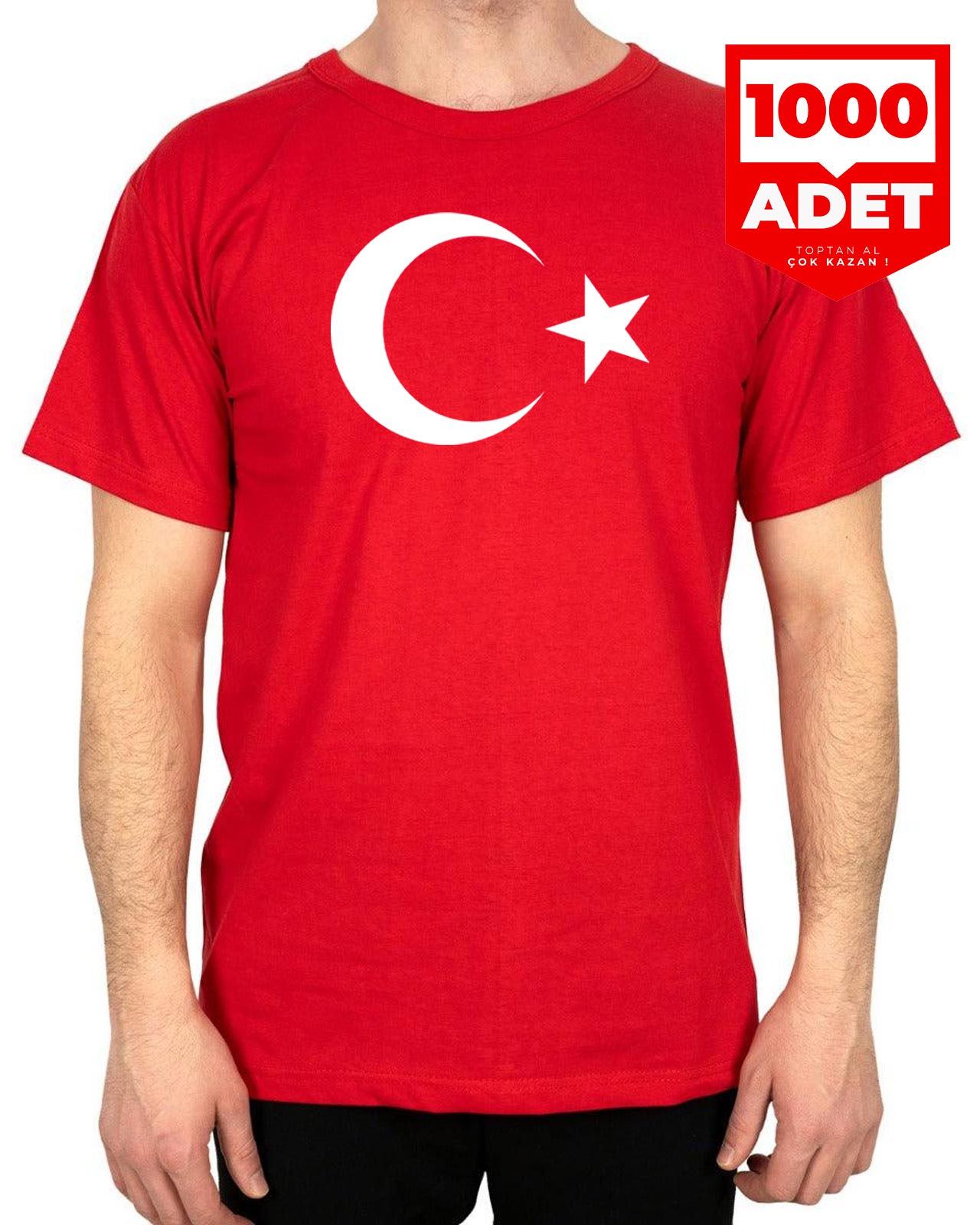 Ay Yıldız Baskılı Kırmızı Promosyon Tişört - 1000 Adet - Tek Renk Baskı