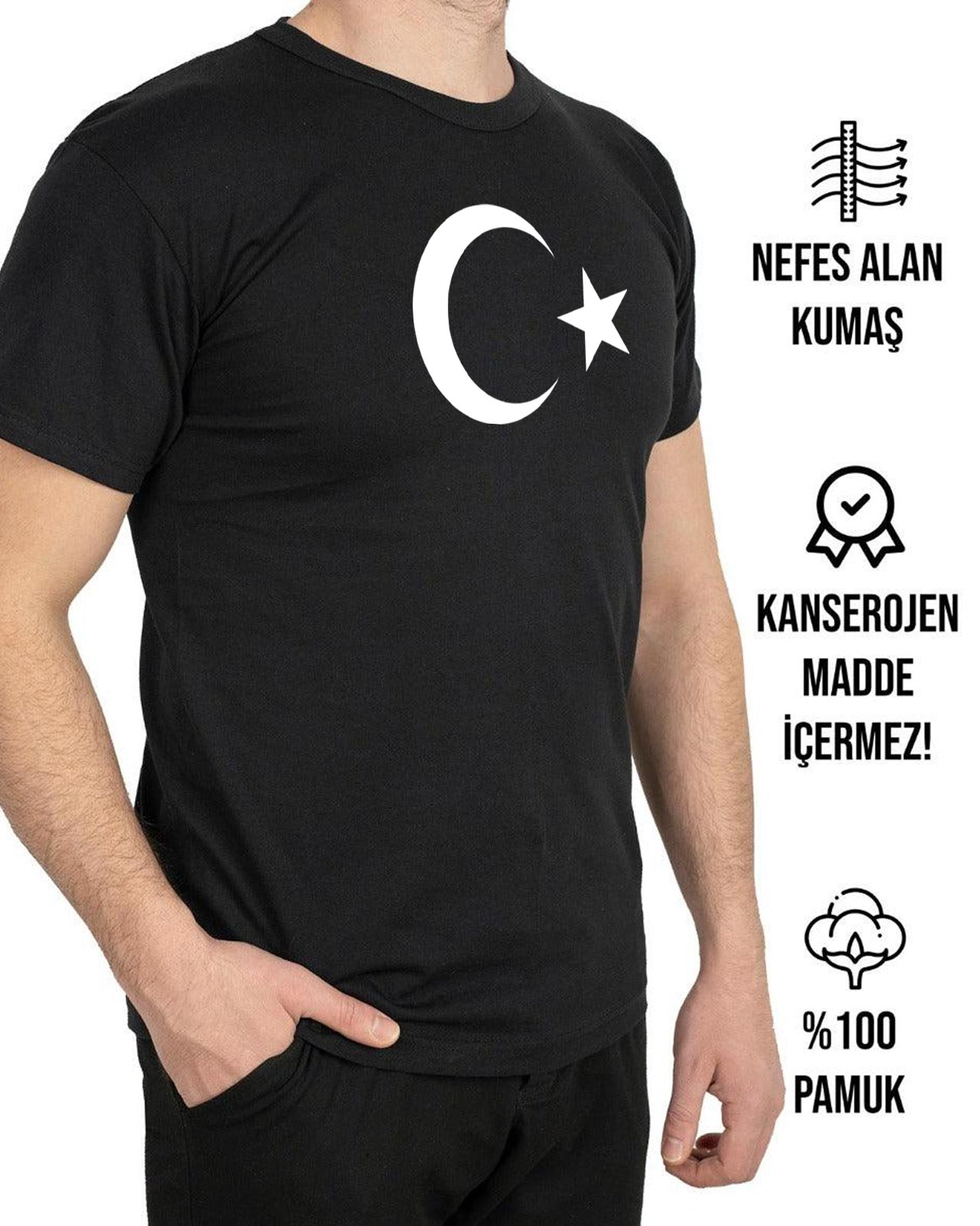Ay Yıldız Baskılı Siyah Promosyon Tişört - 1000 Adet - Tek Renk Baskı - detay görünüm