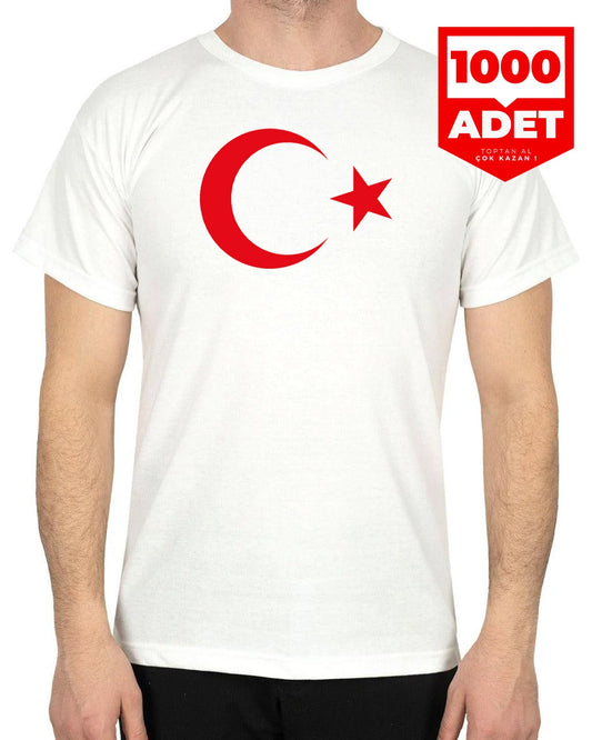 Ay Yıldızlı Tişört - Promosyon Kalite - Beyaz - 1000 Adet - Tek Yön Baskı