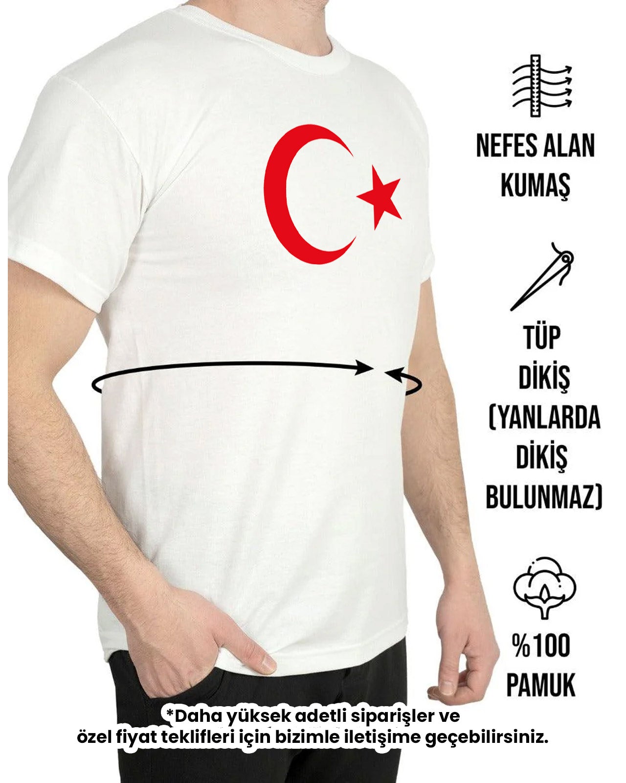 Ay Yıldızlı Tişört - Promosyon Kalite - Beyaz - 1000 Adet - Tek Yön Baskı - detay görünüm