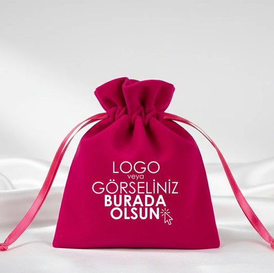 Kadife Gül Kese 10x13 cm - Fuşya (Özelleştirilebilir)