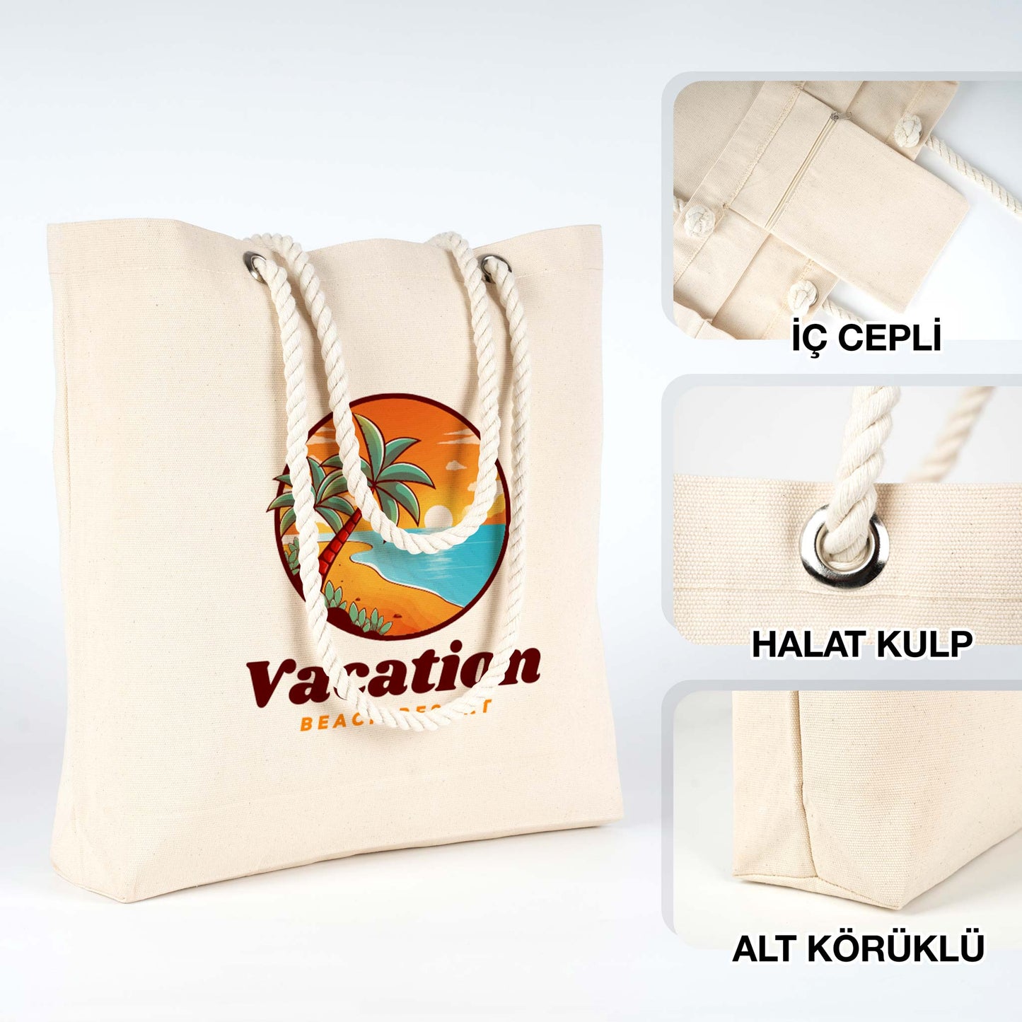 Baskılı Kanvas Plaj Çantası - Halat Kulplu (Özelleştirilebilir)