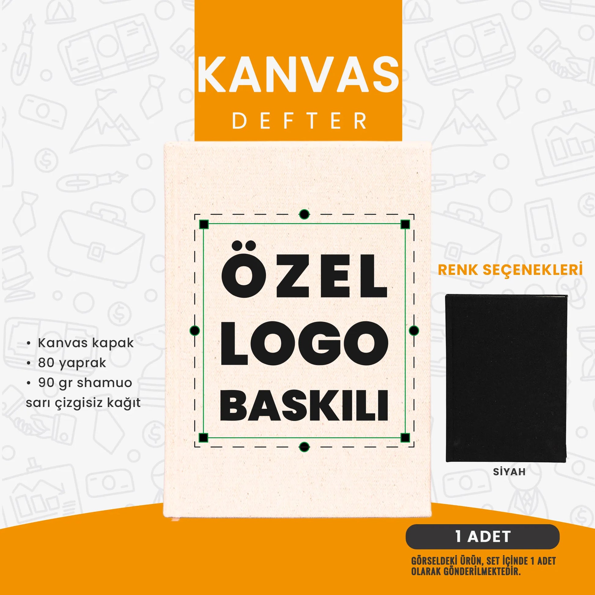 “Özel logo baskılı kanvas defter; 80 yapraklı, çizgisiz şamua kağıtlı kurumsal promosyon defteri.”