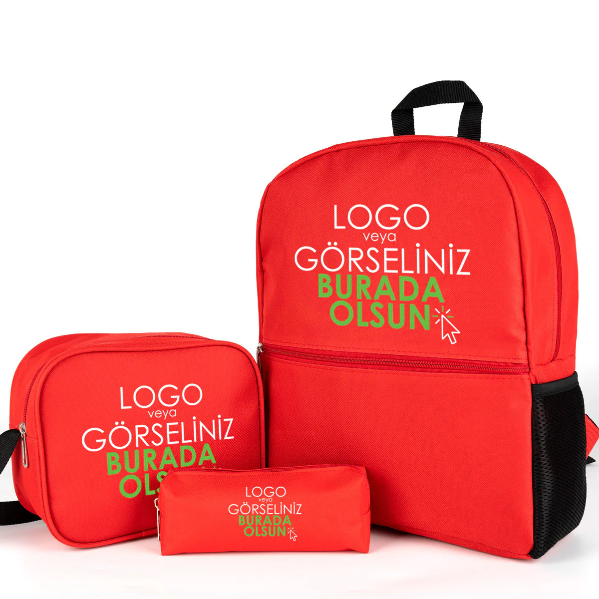 Okul Öğrenci Çanta Seti Sırt Çantası Beslenme Çantası Kalemlik Kırmızı