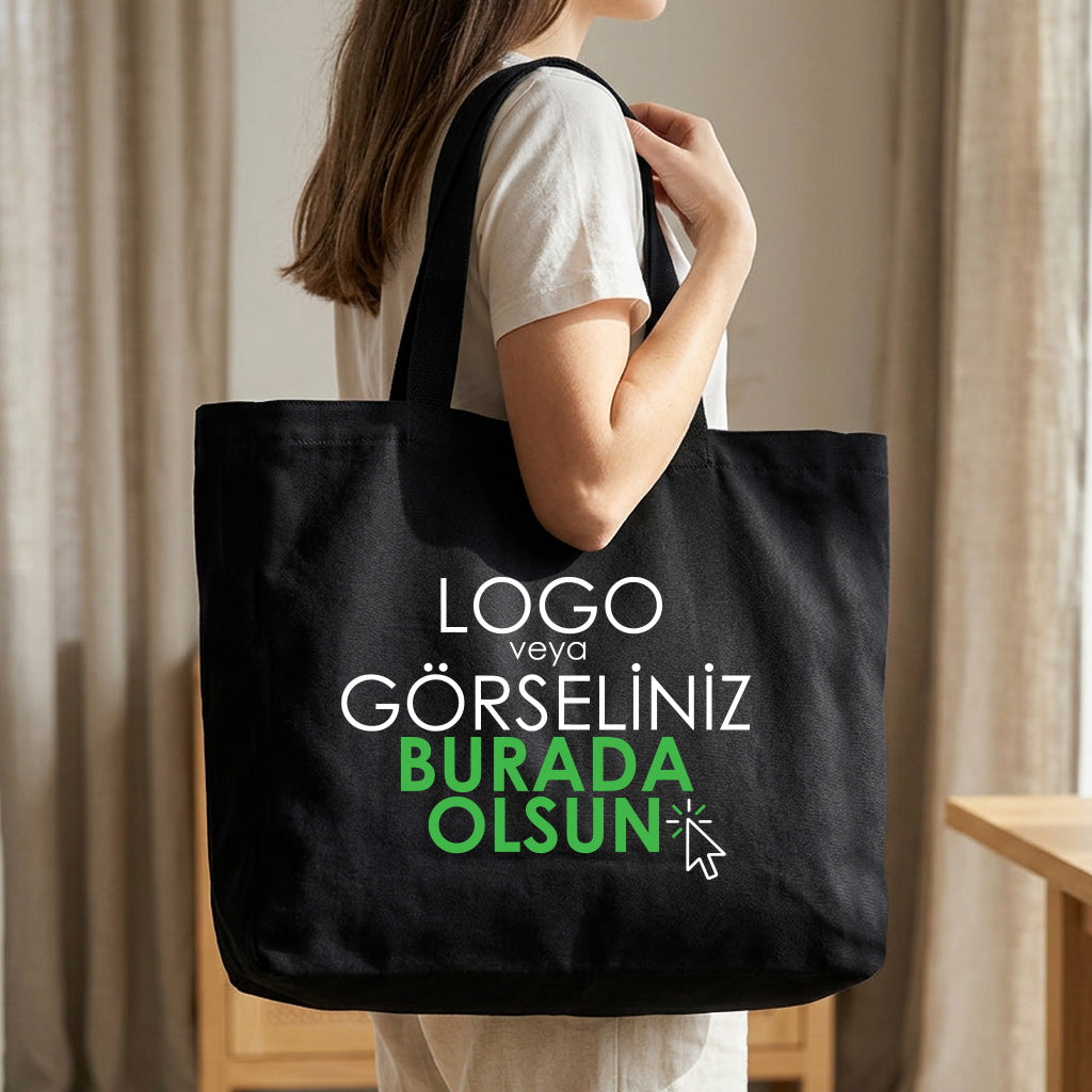 Baskılı Siyah Kanvas Alışveriş & Plaj & Geniş Hacim Çanta - 48x41x10 cm İç cep Örgü Kulp (Özelleştirilebilir)