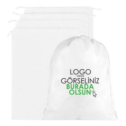 Ultrasonik İp Büzgülü Tela Kese - Beyaz - 35x45cm - Ayakkabı Torbası - Çamaşır Torbası (Özelleştirilebilir) 500 Adet Tek Renk Baskı