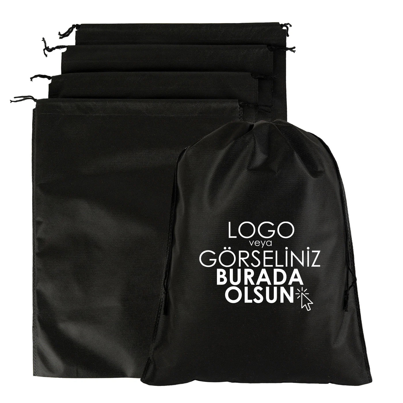 Ultrasonik Tela Kese - Siyah - 35x45 cm - Ayakkabı Ve Çamaşır Torbası - 500 Adet, Tek Renk Logo Baskılı
