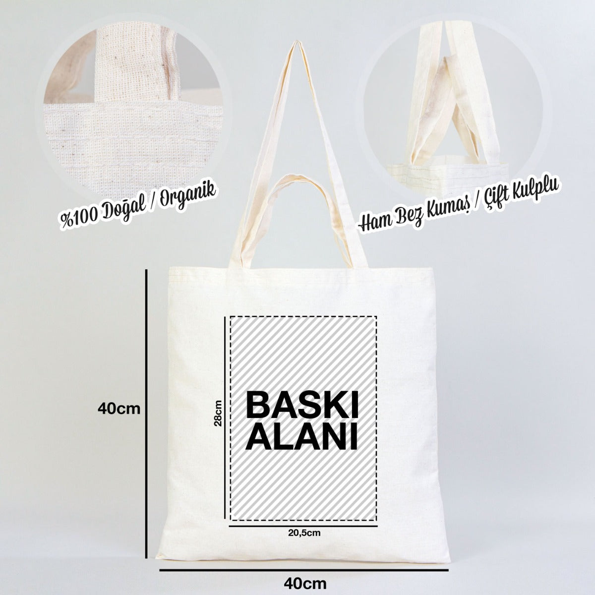 40×40 cm naturel kanvas çantanın ön yüzünde, ürün grubuna ait 18 farklı desen seçeneğinden biri bulunur.