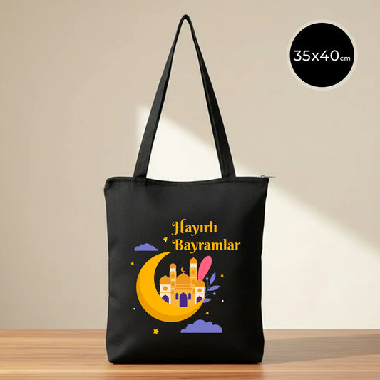 35x40 cm Siyah Gabardin Fermuarlı Bez Model - Bayram Çantası