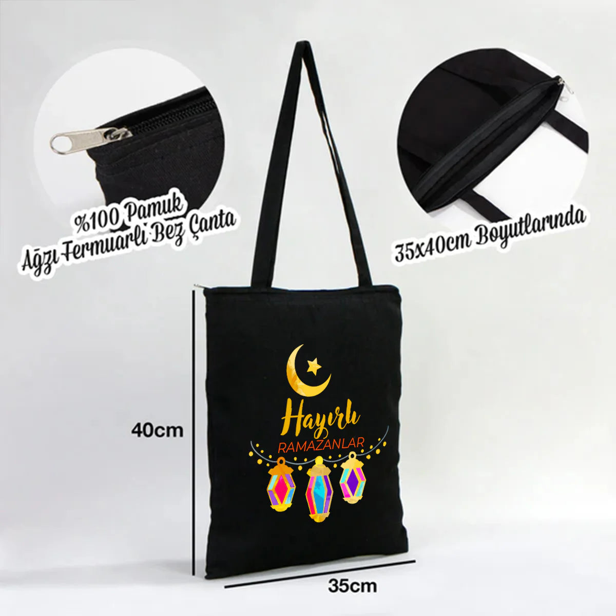 35x40 cm Siyah Gabardin Fermuarlı Bez Model - Bayram Çantası