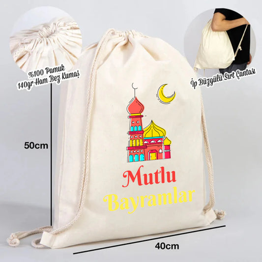 40x50 cm Ham Bez Büzgülü Sırt Çantası - Bayram Çantası - detay görünüm