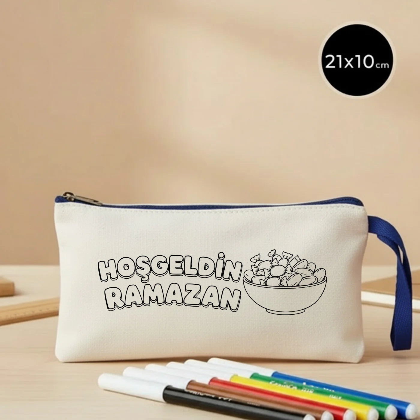 Boyama 21x10 cm Saks Mavi Fermuarlı Bez Kese - Bayram Harçlık Cüzdanı