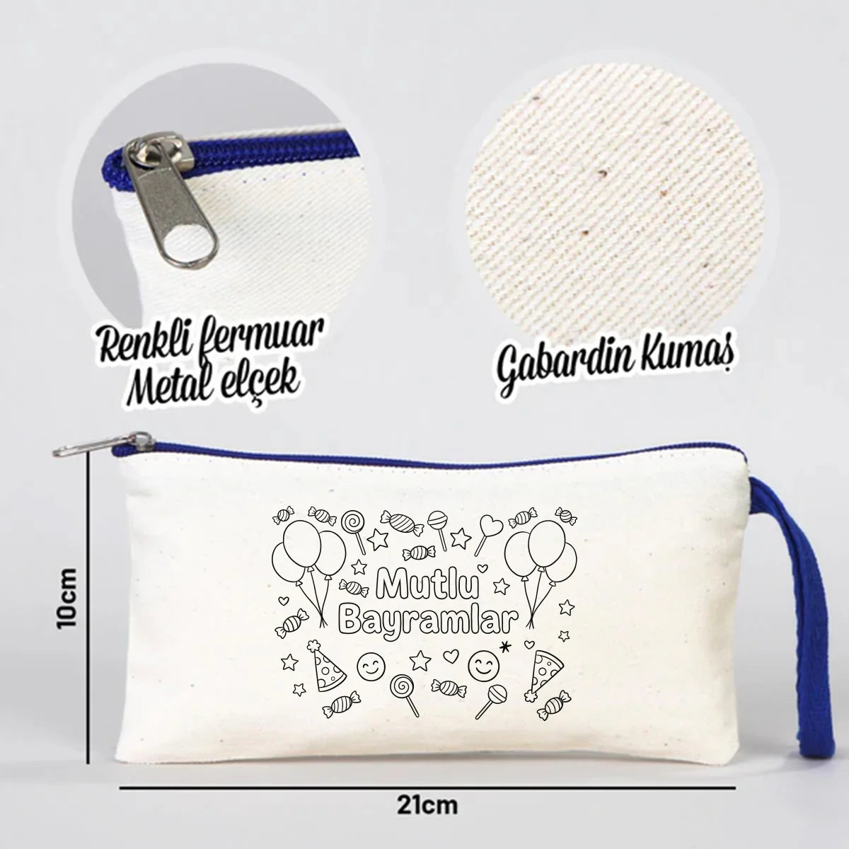Boyama 21x10 cm Saks Mavi Fermuarlı Bez Kese - Bayram Harçlık Cüzdanı - detay görünüm
