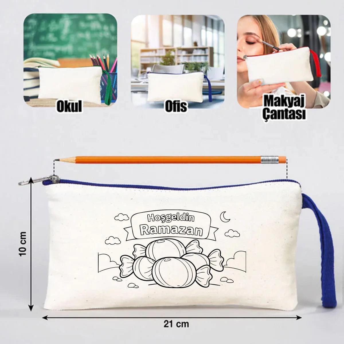Boyama 21x10 cm Saks Mavi Fermuarlı Bez Kese - Bayram Harçlık Cüzdanı - farklı açı