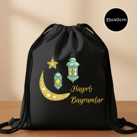 35x40 cm Siyah Bez Sırt Çantası Ham Bez Büzgülü - Bayram Sırt Çantası