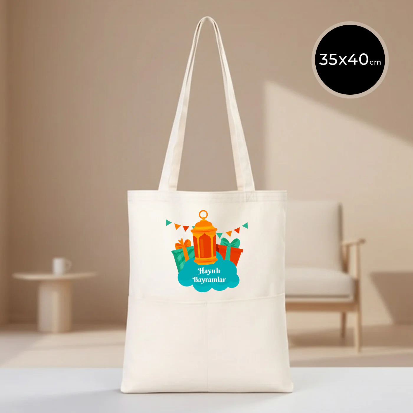 35x40 cm cepli gabardin çanta üzerinde bayram feneri, hediye paketleri ve “Hayırlı Bayramlar” illüstrasyonu