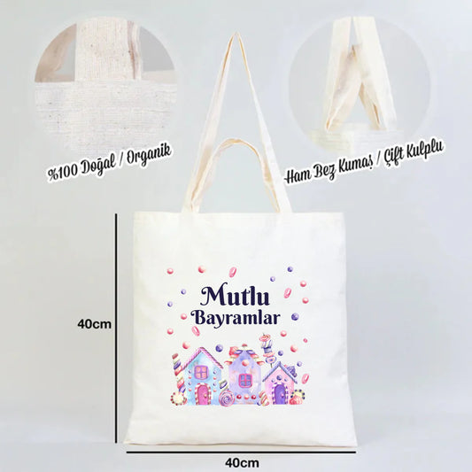 40x40 cm ham bez kumaş çift kulplu bez çanta, “Mutlu Bayramlar” baskılı; %100 doğal/organik bez kumaş ürün ölçü görseli.
