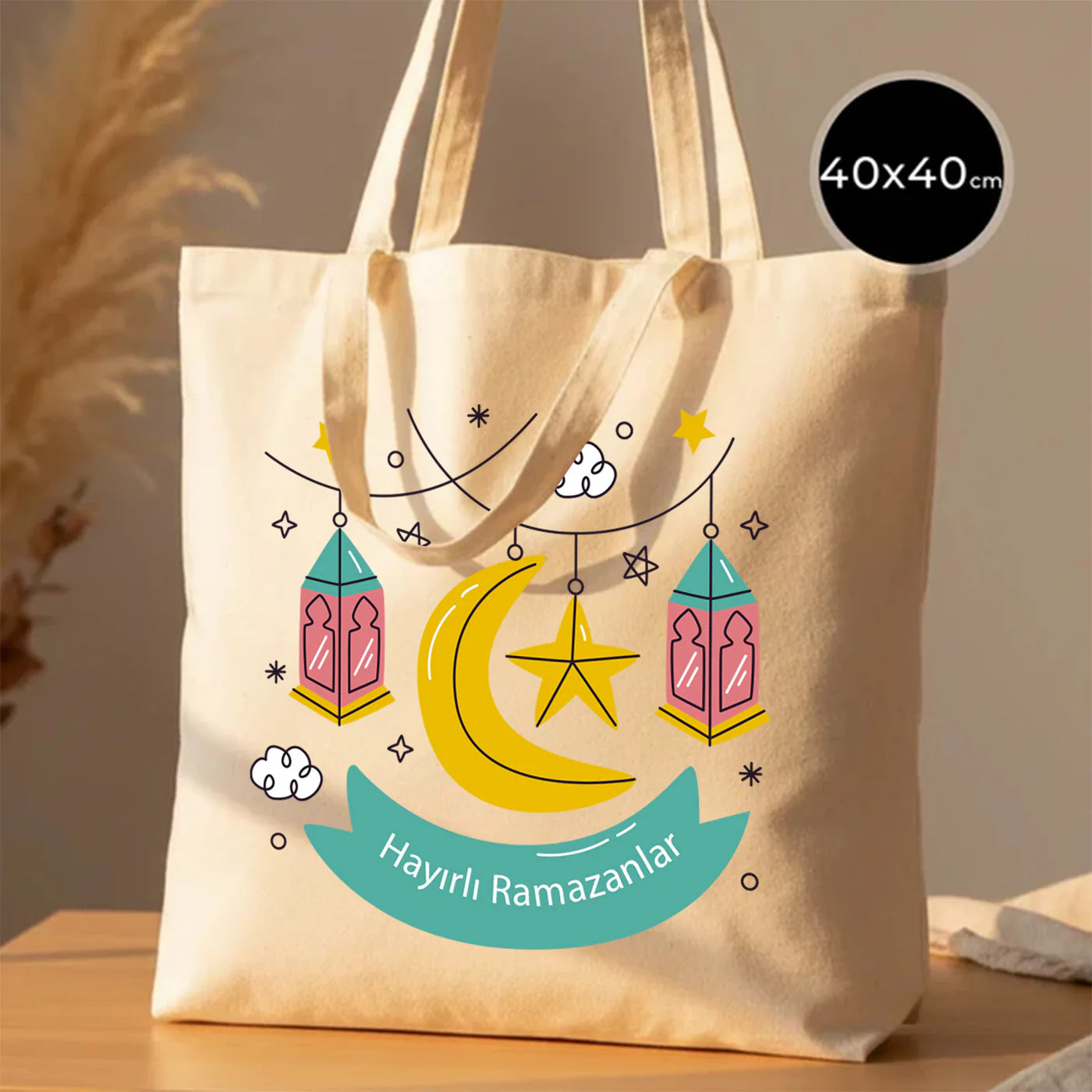 40x40 cm çift kulplu ham bez bez çanta, Ramazan temalı hilal-yıldız ve fener illüstrasyon baskılı “Hayırlı Ramazanlar” yazısı