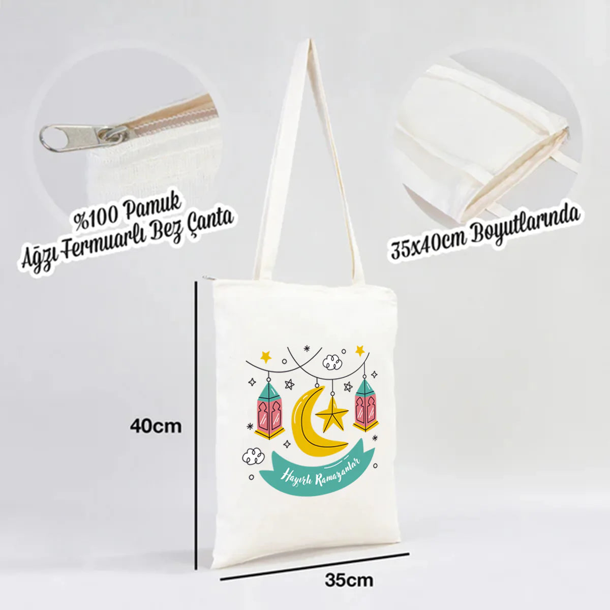 35x40 cm ölçülü fermuarlı %100 pamuk ham bez Ramazan temalı tote çanta, sağlam kulplu