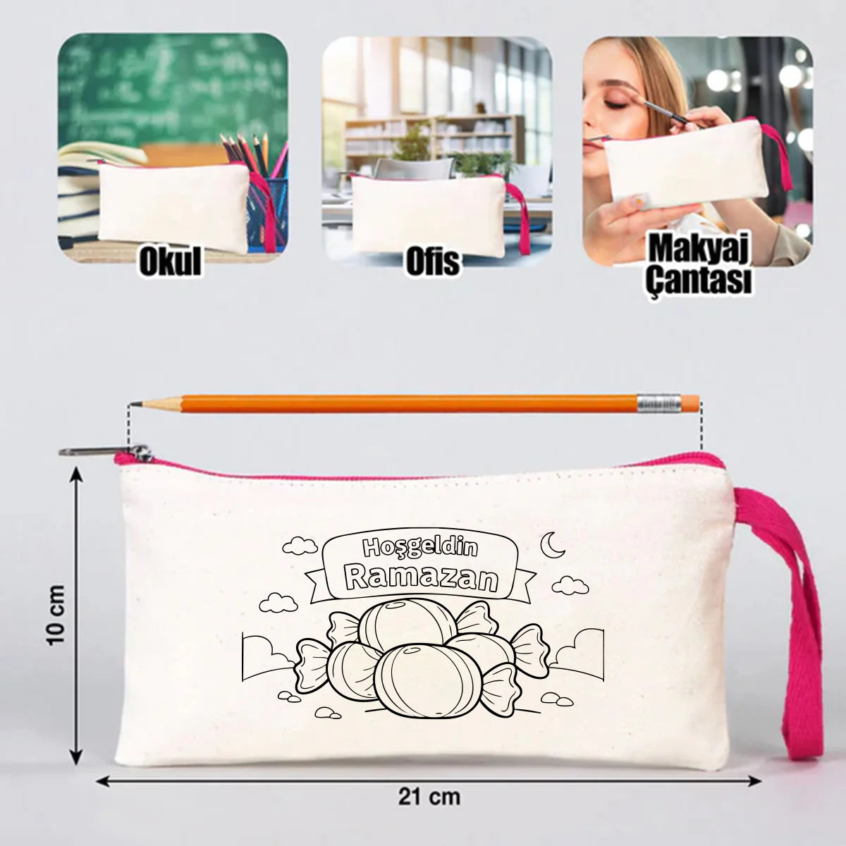 Boyanabilir 21x10 cm Fuşya Fermuarlı Bez Kese - Bayram Harçlık Cüzdanı - farklı açı